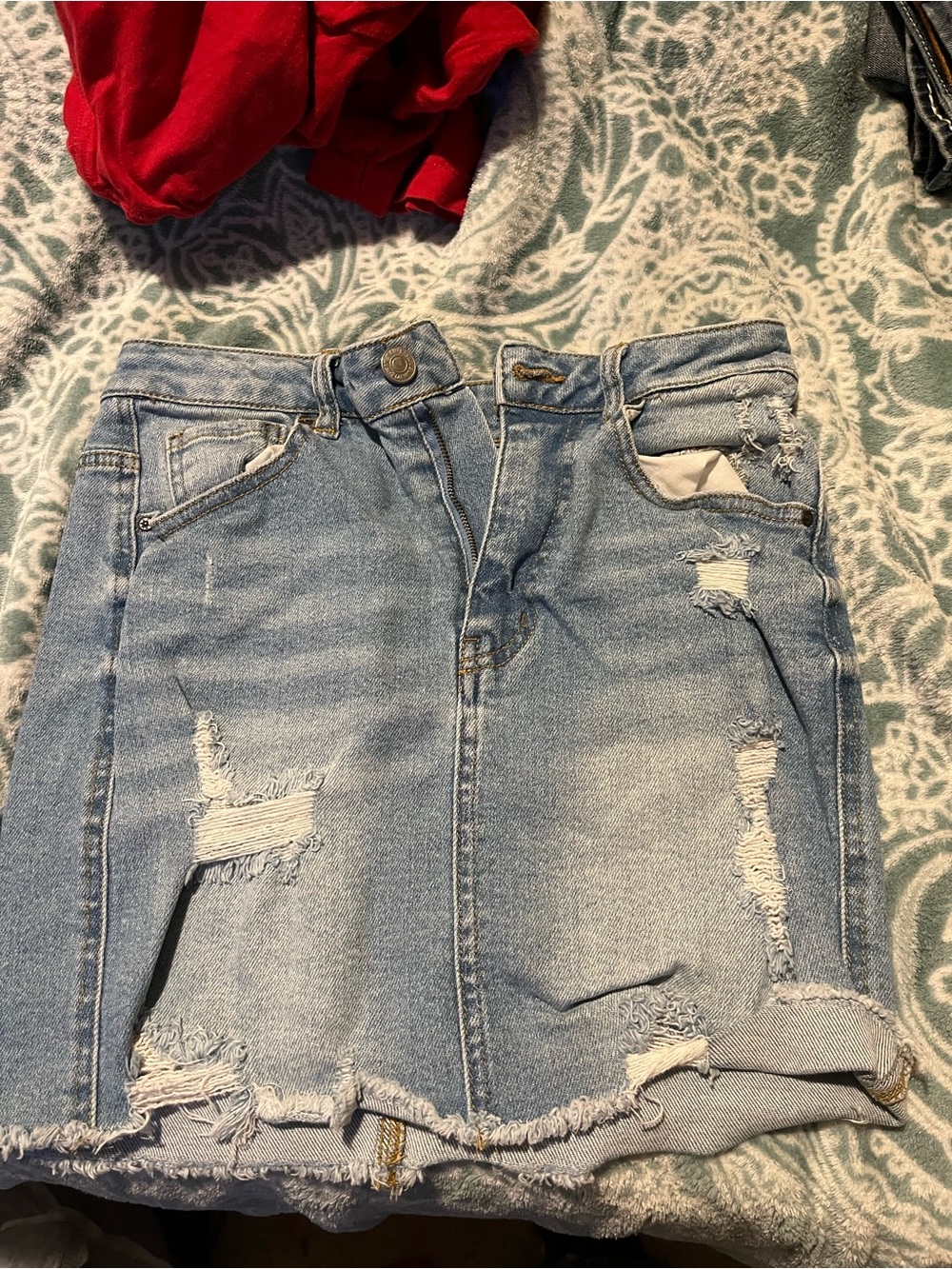 Wax Jean Light Blue Distressed Denim Mini Skirt